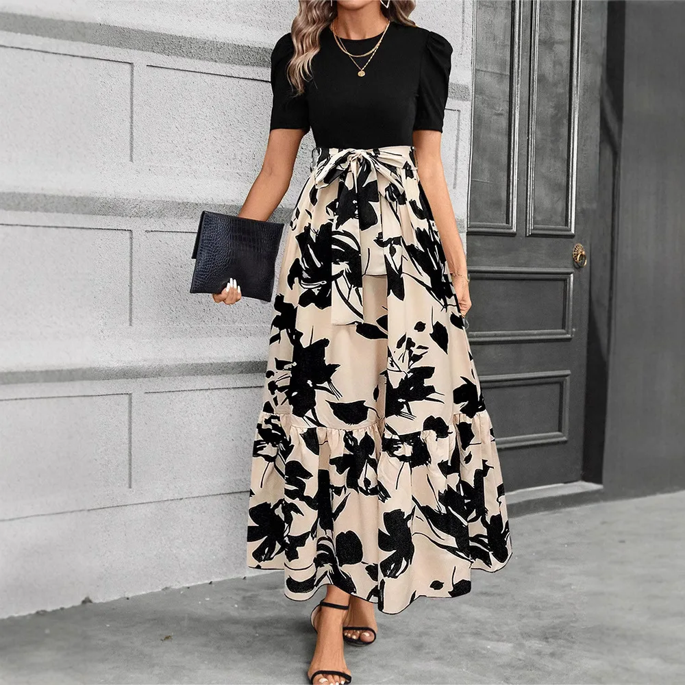 Elegant Floral Print Round Neck Long Dresses Women Short Sleeve High Waist Lace-up Office Lady Holiday Party Dresses Vestidos