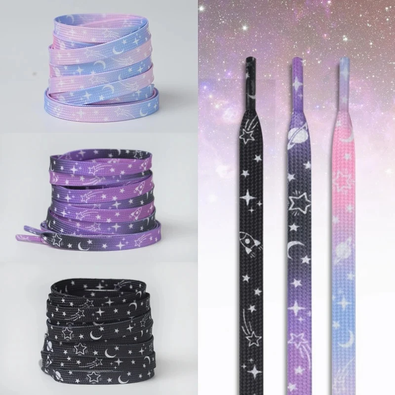 Stars Moon Print Laces for Sneakers AF1/AJ Colorful Gradient Rubber Shoelaces Cosmic Milky Print Shoe Lace for Flat Casual Shoes