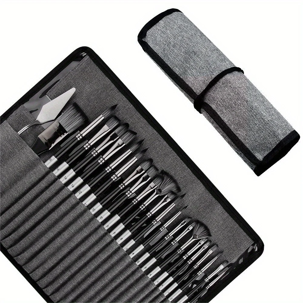 24pcs portable acrylic paint brush set, oil painting, watercolor and watercolor powder with cloth rolls and painting knives