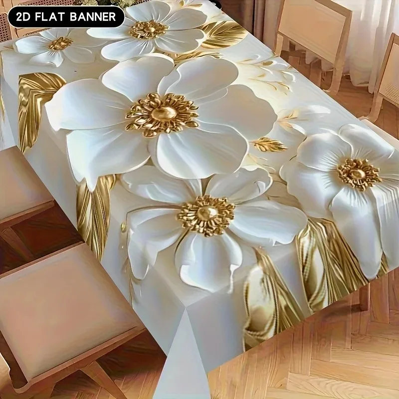 1pc Luxury-style white and gold floral pattern tablecloth, durable rectangular polyester tablecloth, washable table decoration.