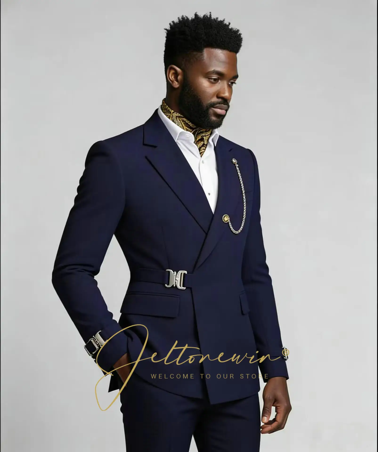 Navy Blue Men Wedding Suits Blazer Metal Buckle Decoration Double Breasted Italian Party Suit Jacket Pant Slim Fit Costume Homme