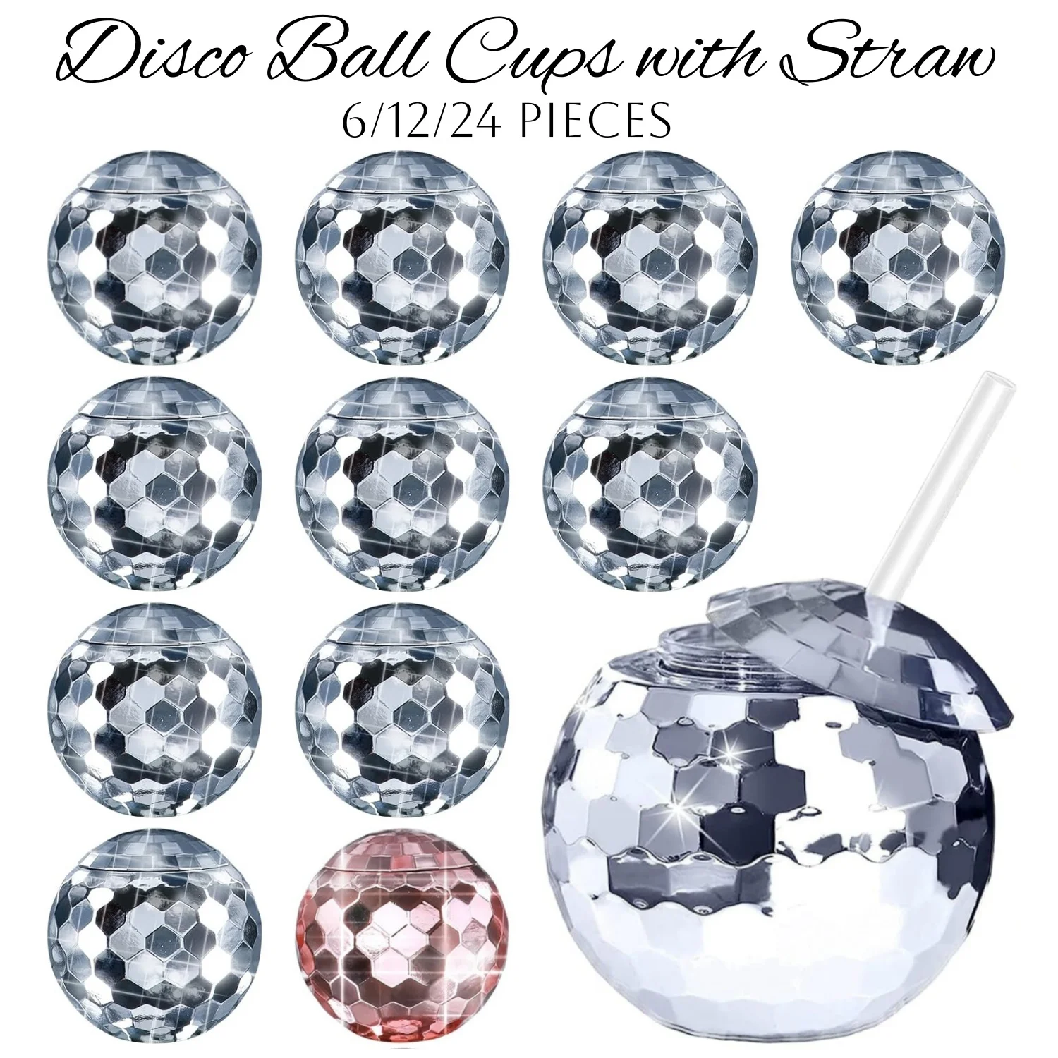 6-24PCS Disco Ball Cups Birthday Party Cups Beverage Cocktail Cup Wedding Bachelorette Party Favors Disco Party Decorations 18oz