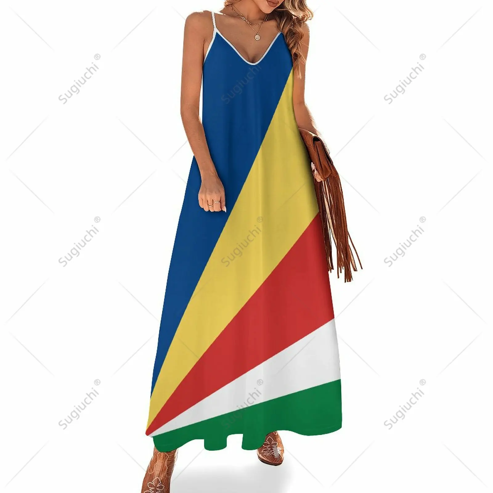 Long Dresses Dress Seychelles Flag Print New Casual Sleeveless Women's V-Neck Printed Dress Swing Retro Dresses