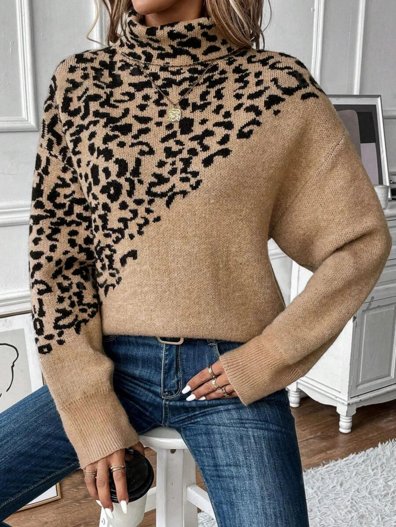 Women's Khaki Asymmetric Leopard Print Turtleneck Knit Jumper Loose Fit Casual Sweater Streetwear