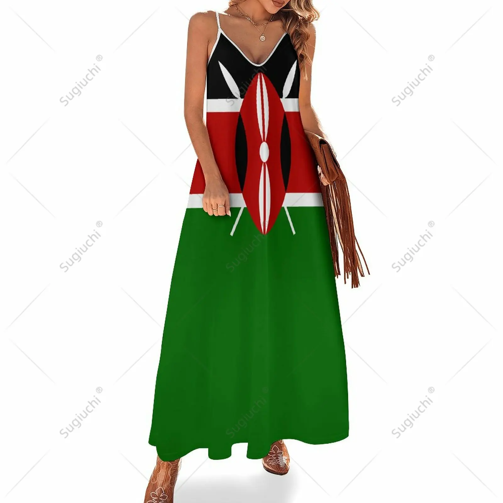 Long Dresses Dress Kenya Flag Print New Casual Sleeveless Women's V-Neck Printed Dress Swing Retro Dresses