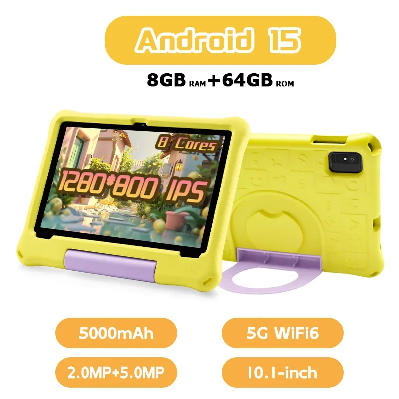 Paitanry 10.1 inch Kids Android 15 Tablet 8GB (4+4GB) RAM 64GB ROM 5000Mah Octa-core Wifi Children's Learning Educational Tablet