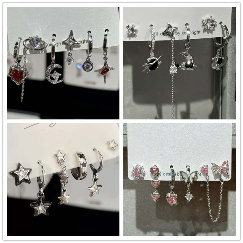 6PCS Set Goth Red Crystal Star Heart Black Pentagram Pendant Earring For Women Vintage Aesthetic Trendy Y2K Jewelry Accessories