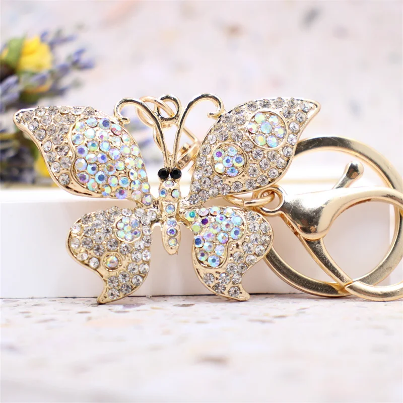 Fancy&Fantasy Cartoon Gold Animal Metal White Butterfly Keychain Car Keyring Rhinestone Bag Pendant Charm Key Holder