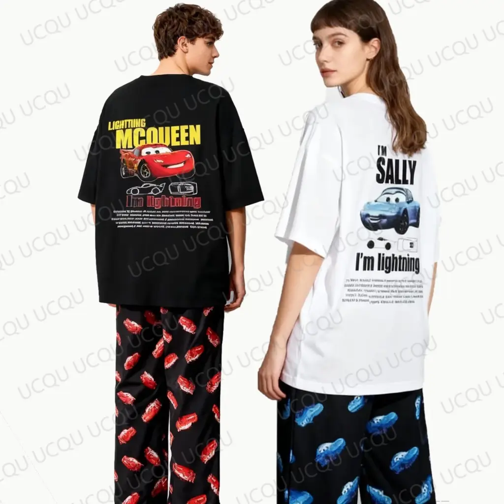 2026 The Cars Lightning McQueen And Sally Summer Cotton T Shirt With Pajama Pants Oversized Suit Adult Kids Couple Matching