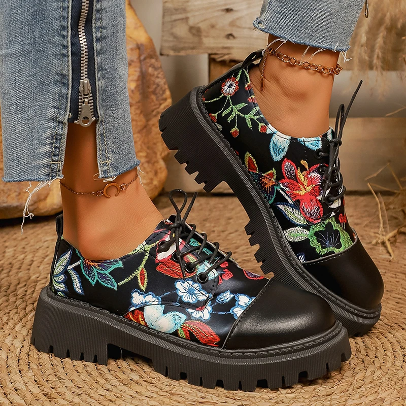 Fashion Printed Platform Oxford Shoes Women Comfortable Plus Size 43 Lace Up Pu Leather Shoes Woman Red Thick Sole Loafers Mujer