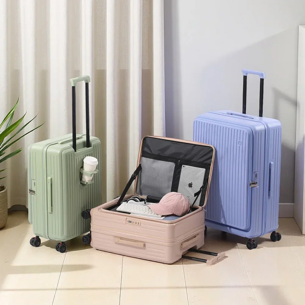 Multifunctional Front Opening Expandable Suitcase with Cup Holder Large Capacity Luggage 360° Shock Absorbing Wheels 20' 24' 28'