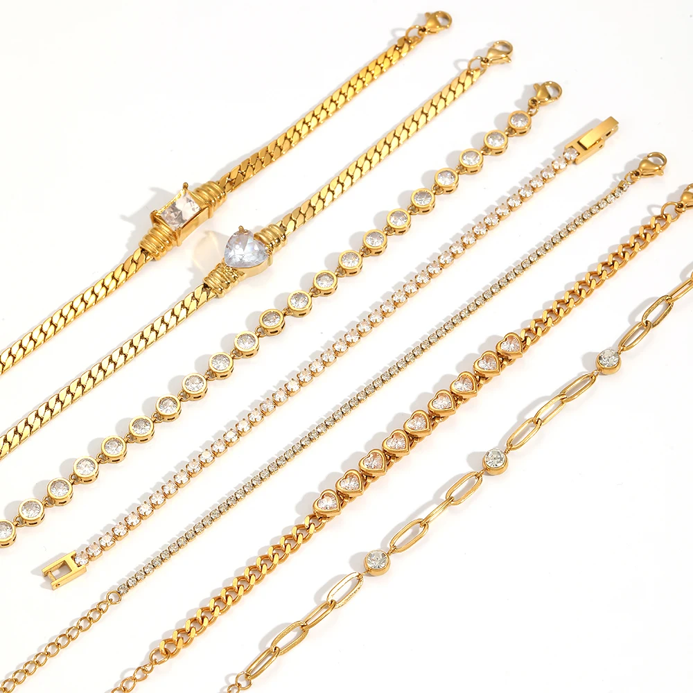 Dainty Stainless Steel Flat Snake Chain Heart Shining zircon Bangle Bracelet 18K Gold Plated Accessories Jewelry Women Gifts