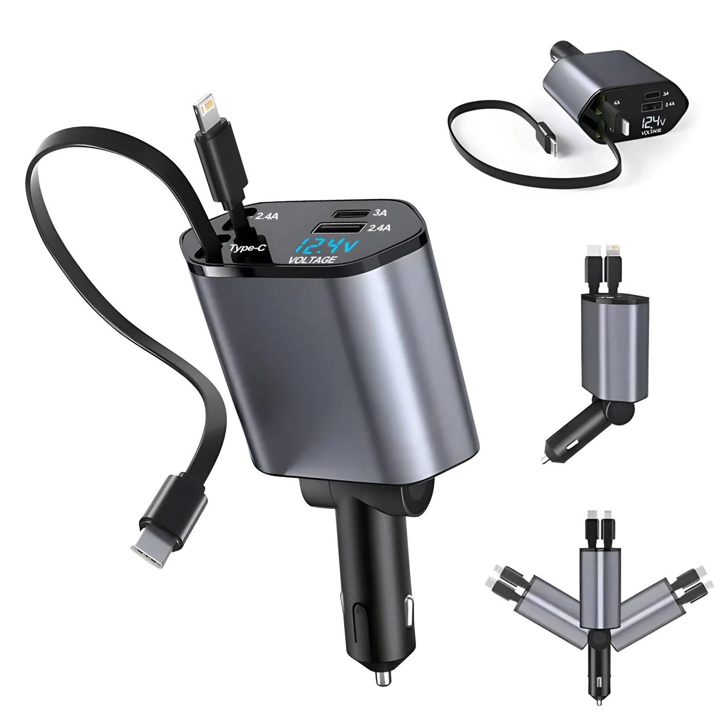 4 in 1 240W/120W Car Charger Retractable Car Charger USB Type C Fast Charger Cable For IPhone Xiaomi Huawei Samsung