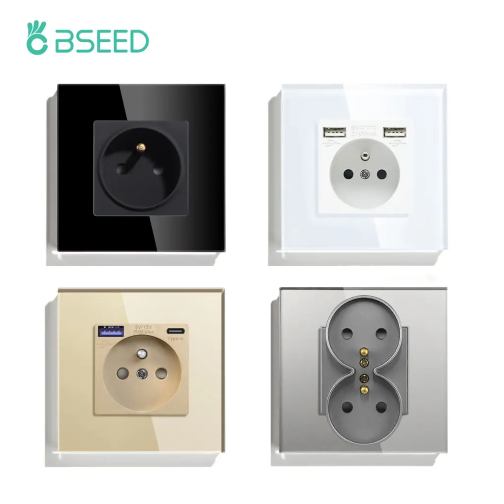 BSEED France Standard Wall Electrical Outlet USB Type-C Charge Port Glass Panel 20W Fast Charge French Socket 110-250V