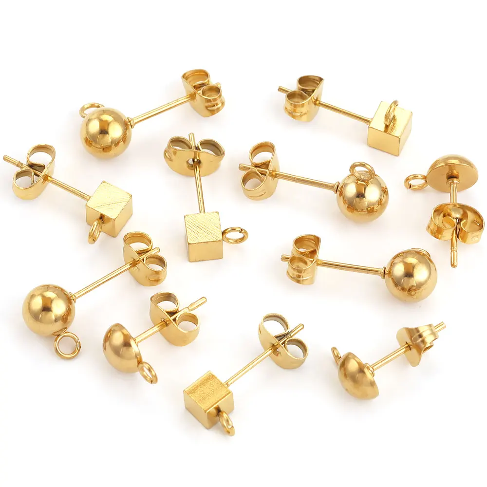 10pcs Stainless Steel Ear Post Studs Round Ball Earring Post Square Earring Plug Findings DIY Earring Jewelry Making Wholesale