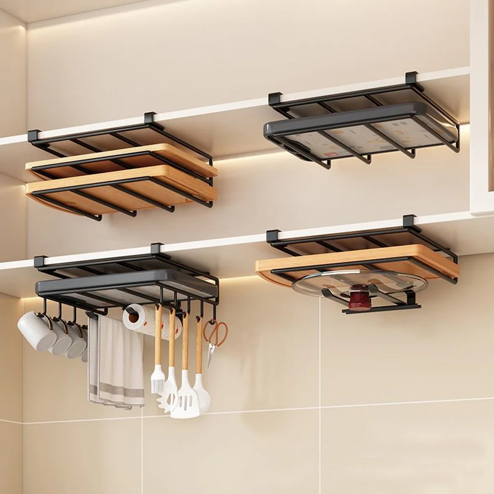 Kitchen Under Cabinet Hanging Organizer Rack with Hooks Multi-Purpose Holder for Paper Towel Cutting Board & Pot Lids