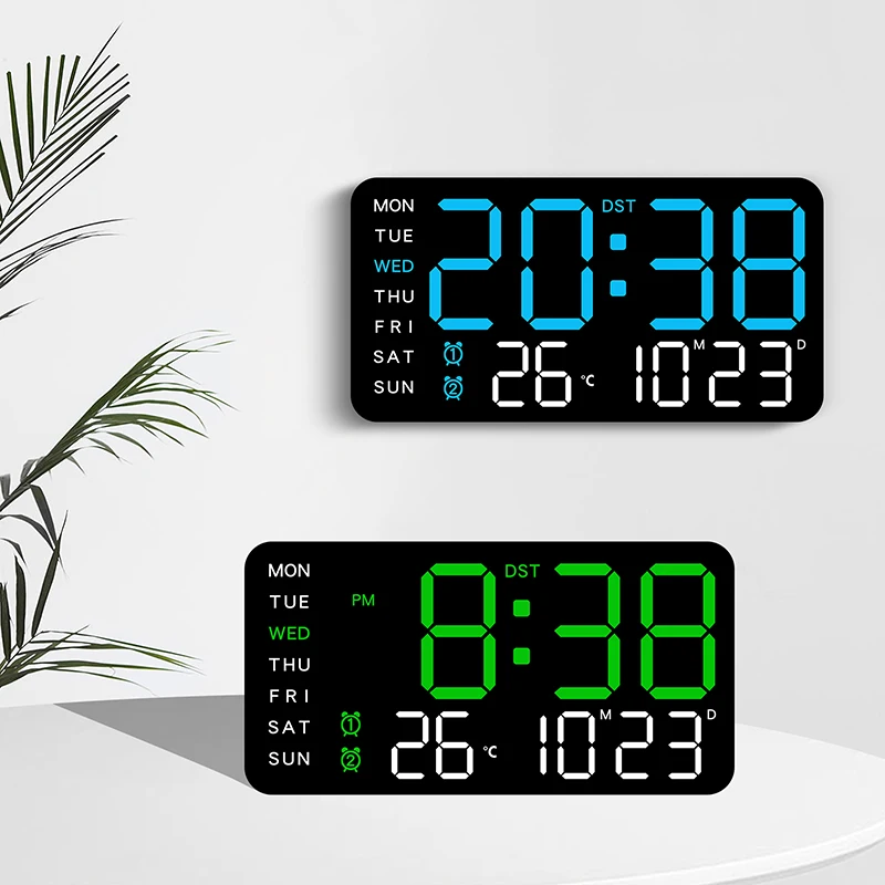 Voice Control Digital Wall Clock Temperature Date Week Snooze Dual Alarm Clock DST Brightness Adjustment 12/24H LED Table Clock