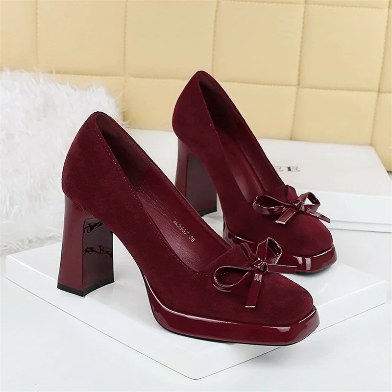 Korean Style Square-Toe Waterproof Platform High Heels Suede Bow Decorative Women's Shallow Mouth Ultra High Heels Single Shoes