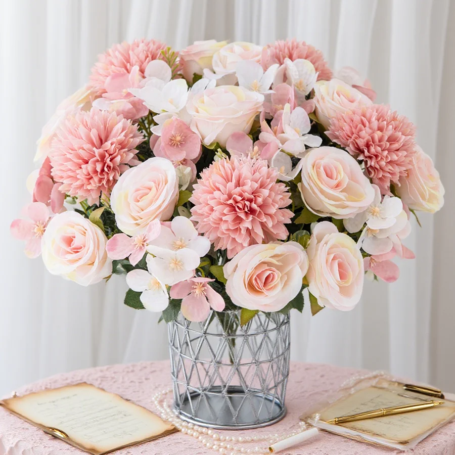 1/4pcs Artificial Flower Rose Chrysanthemum Silk Bridal Bouquet Wedding Garden Arch Festival Home Room Vase Table Diy Gift Decor