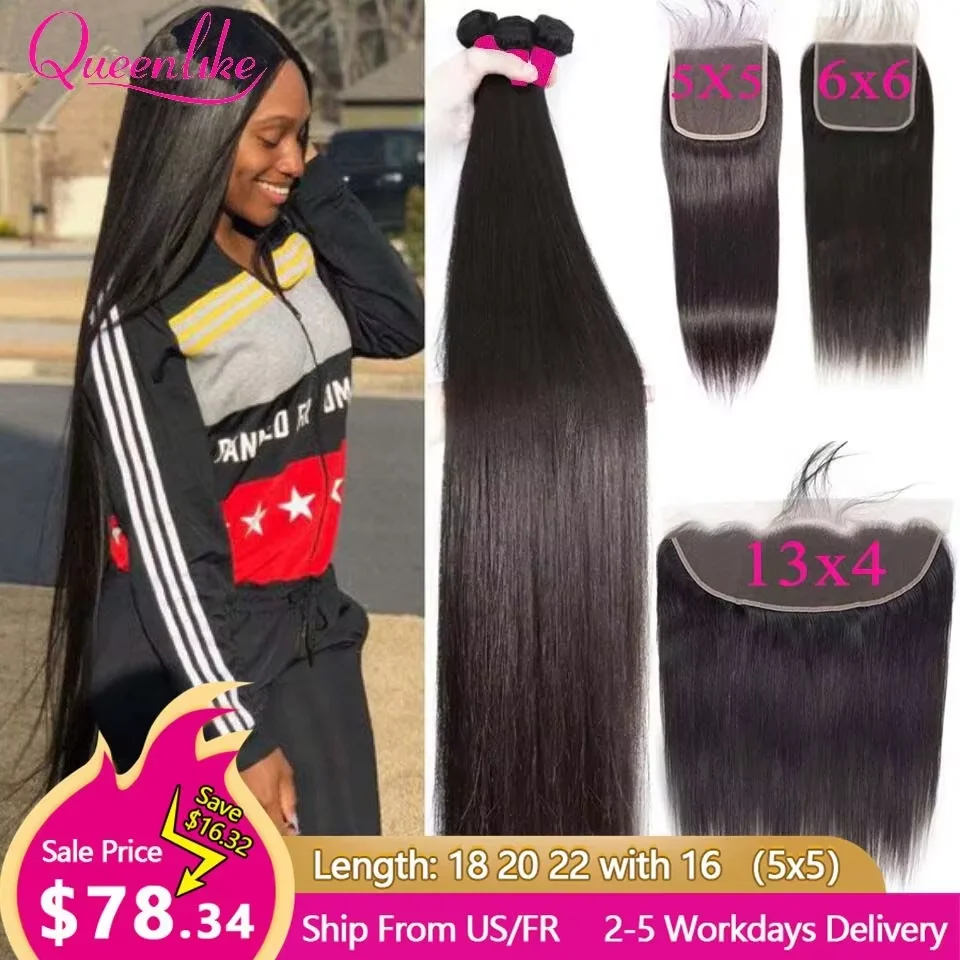 Queenlike 5x5 Lace Closure With Bundles Brazilian Weave 30 40 Inch Straight Human Hair Bundles With 6X6/13X4 Frontal Closures