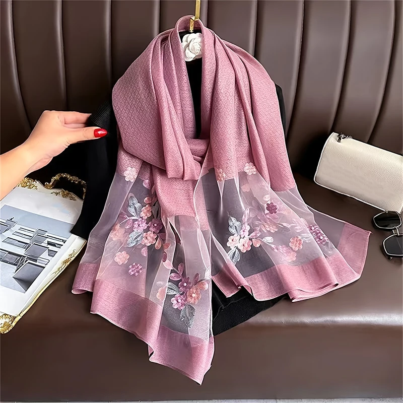 Luxury Women Hijab Shiny Lace Scarf Silk Soft Wool Shawls and Wraps Large Flower Thin Scarves Foulard Female Bufanda 2024 New