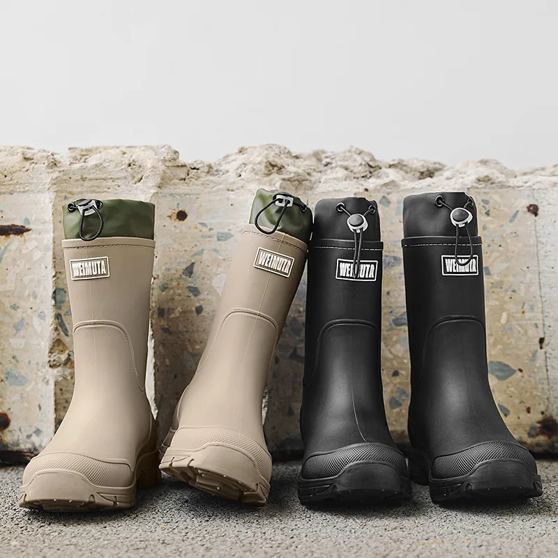 Mid Calf Waterproof Boots Windproof Drawstring Top Non Slip Sole Durable pvc Rain Shoes For Daily Outdoor Use men hiking boots