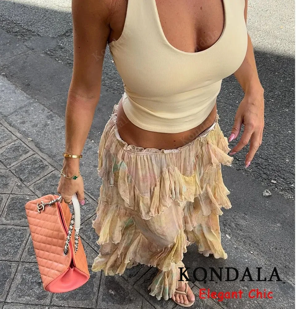 KONDALA Women Elegant Hippie Skirt Gradient Print Tiered Ruffled Long Skirts 2025 Summer Holiday High Street Boho Lady Skirts