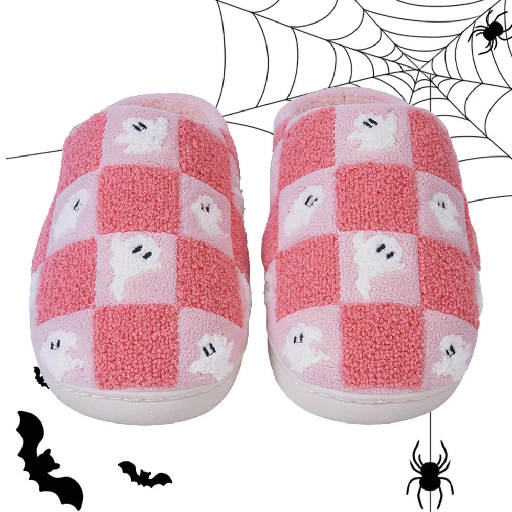 New Ghost Checkered Plush Slippers Non-Slip Comfortable Thermal Closed Toe Slippers Warm cc House Shoes for Indoor Bedroom