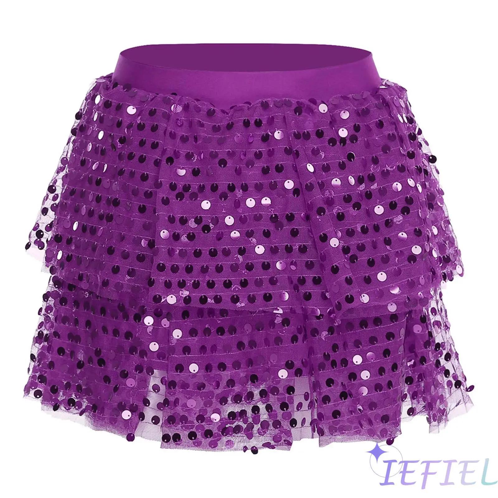 Elegant Womens Shiny Sequin Tutu Skirt Tiered Mesh Hem Pleated Skirt Miniskirt for Disco Dance Cheerleading Uniform Raves Party