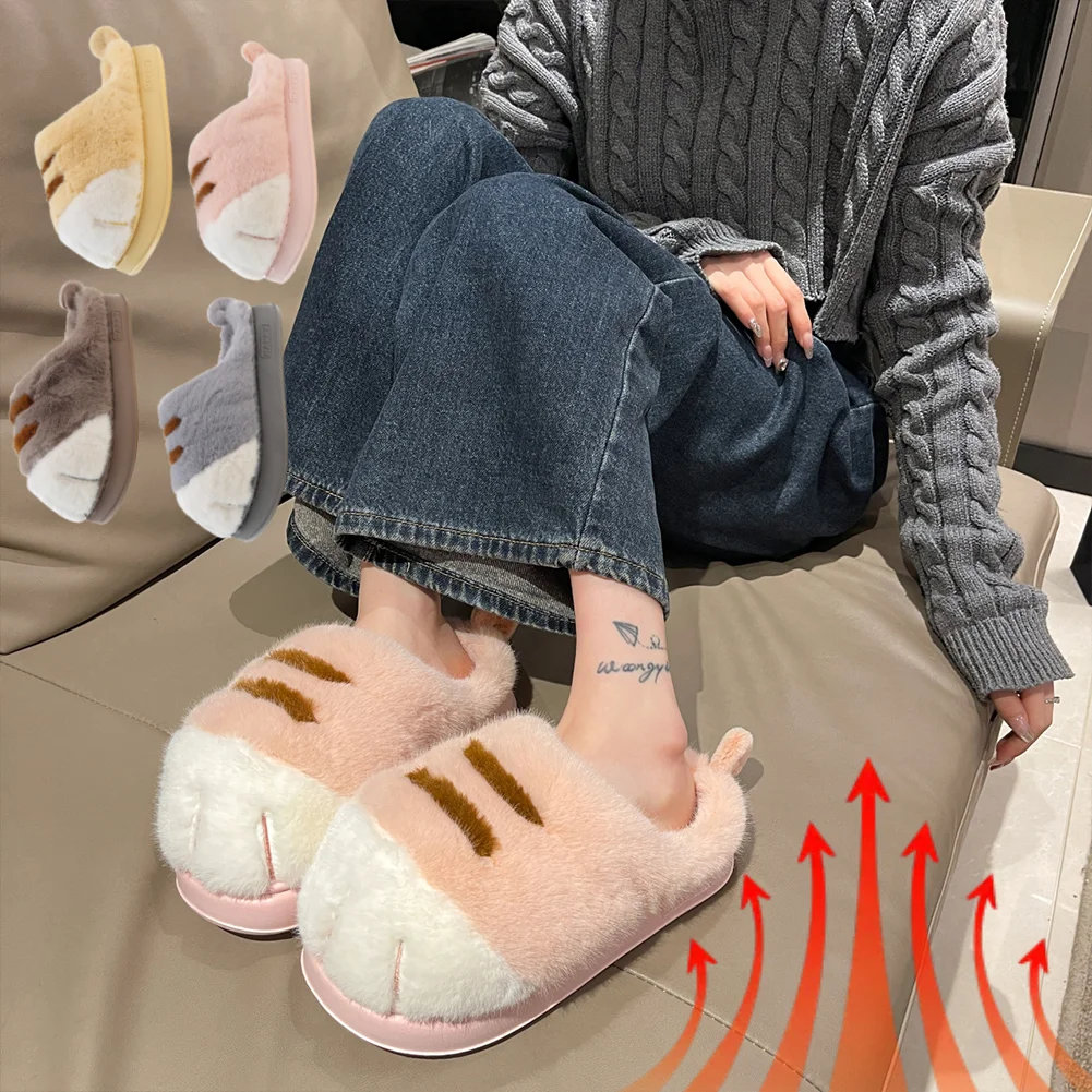 3D Cat Paw Slippers Warm Slip-on House Shoes Comfortable Furry Paw Couple Slippers Cute Paw Slippers for Autumn Winter for Home