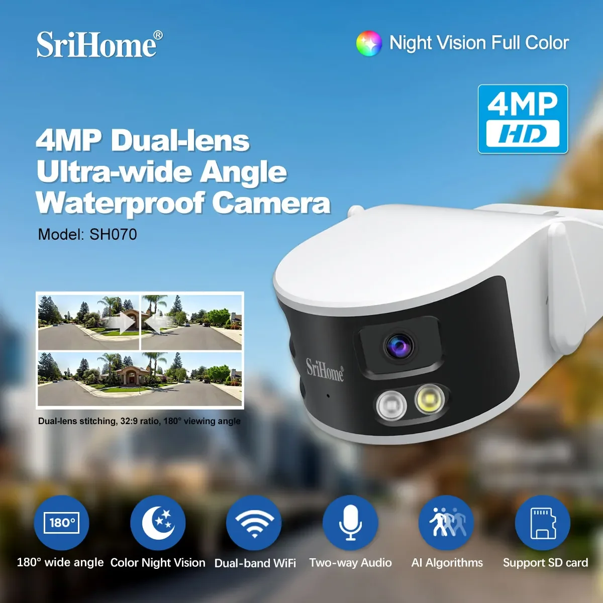 Srihome SH070 5G WIFI Bullet Camera 2x2MP Lens 180° Wide View Angle Panoramic Dual Lens IP Camera CCTV IP Surveillance Camera