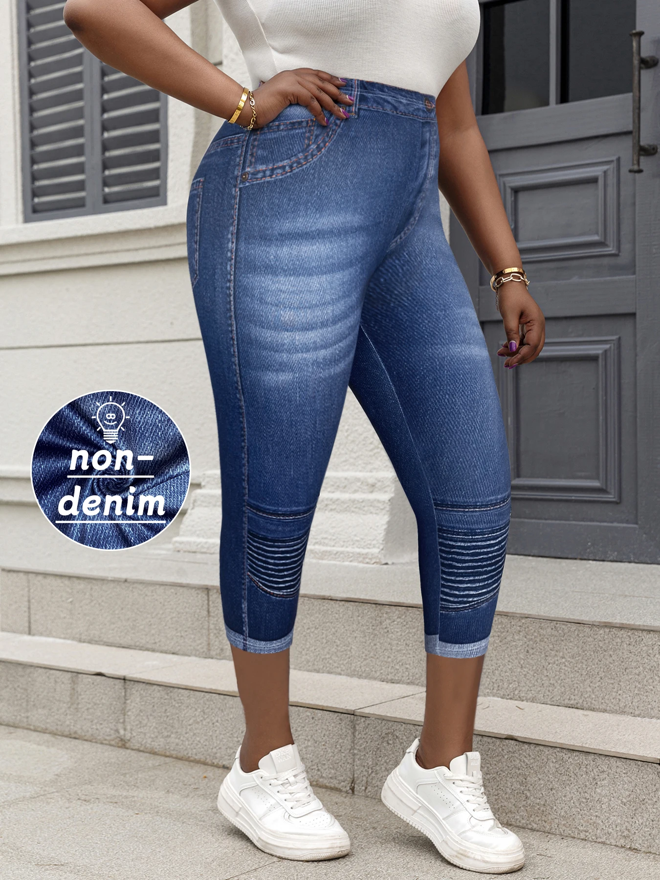 Plus Size Women's Capri Leggings with Faux Denim Print High Stretch Comfortable Knit Mid-Calf Pants for Casual Outings