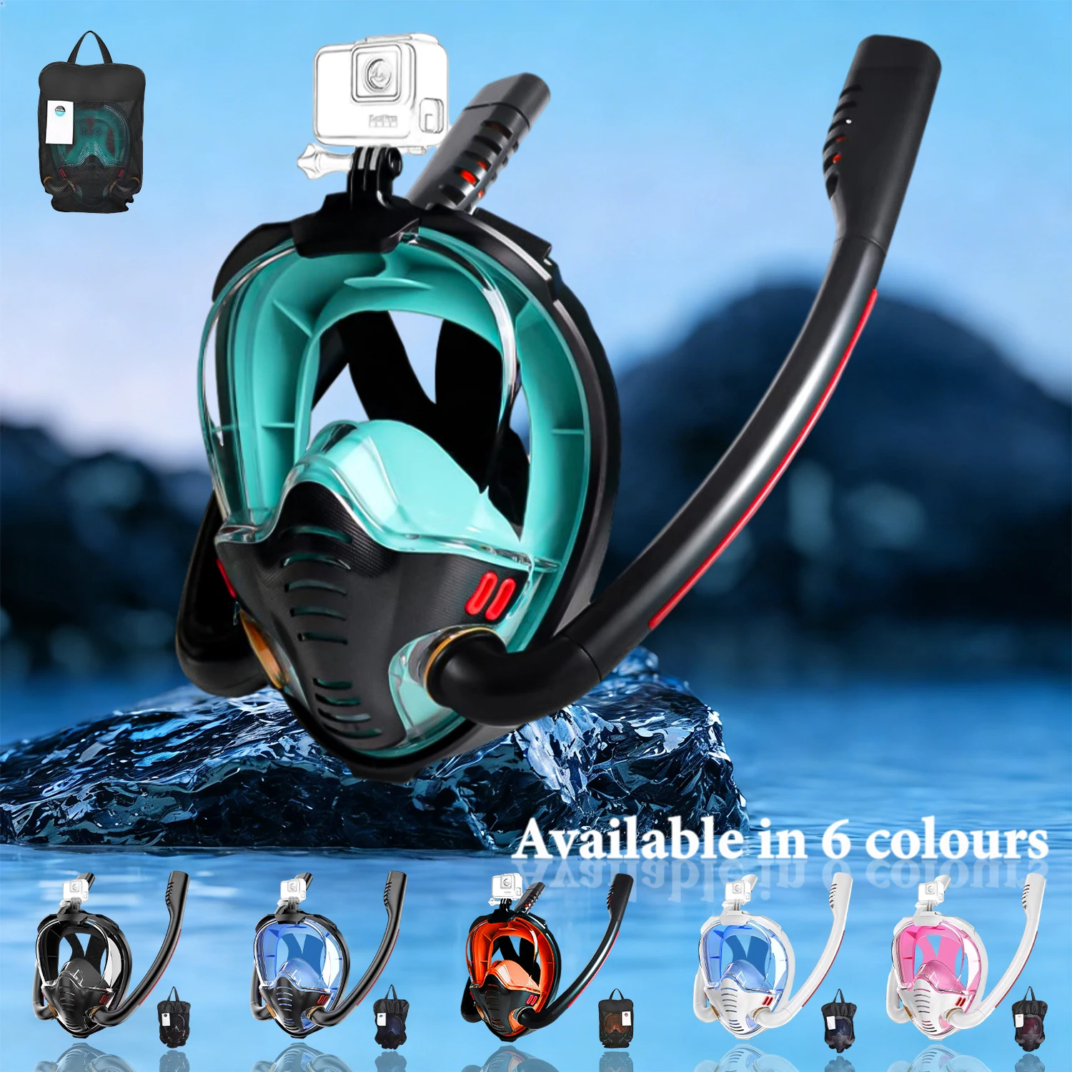 Adult Snorkelling Mask Double Hose Breathing Separate Panoramic Camera Mount Silicone Lining Vacation Swim Available in 6 Colour