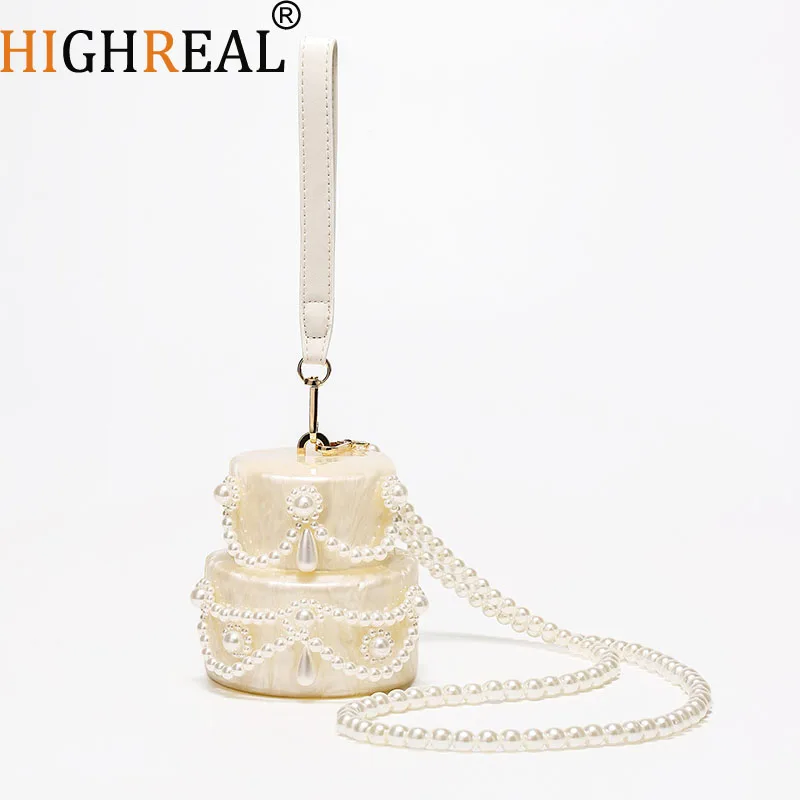 Fashion Women Beaded Acrylic Cake Bag Pearl White Evening Clutch Cute Mini Bride Box Wedding Party Luxury Purse Handbag Designer