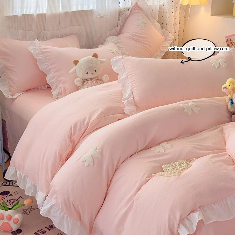3 Piece Sheet Set pink bowknot embroidery Quilt Set ， comfortable embroidery Bedding Set Bedspread for All Season