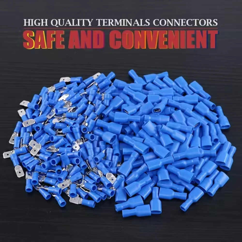 100pcs 50pairs 16 14AWG Female Male Electrical Wiring Connector Insulated Crimp Terminal Spade Blue