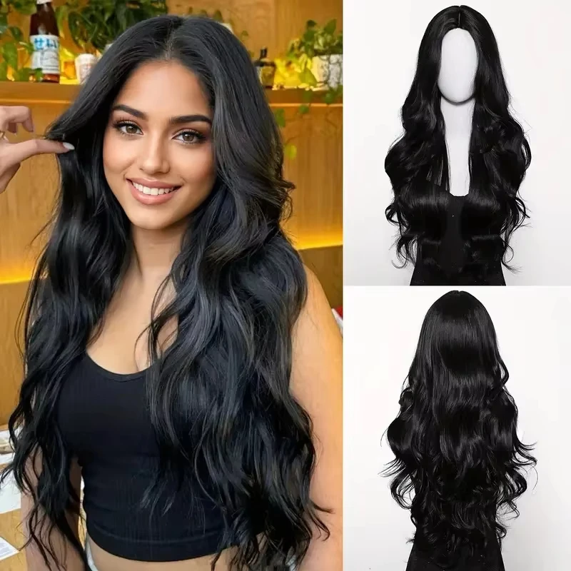Black synthetic wig with parted long wavy hairstyle for party, Halloween cosplay, everyday use, high-temperature hair accessory