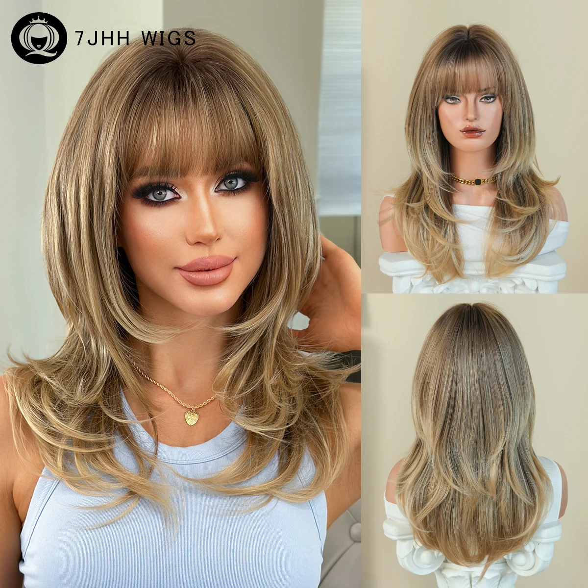 7JHH WIGS Long Straight Layered Brown Wig for Women High Density Synthetic Modest Fashion Light Golden Wigs with Dark Roots