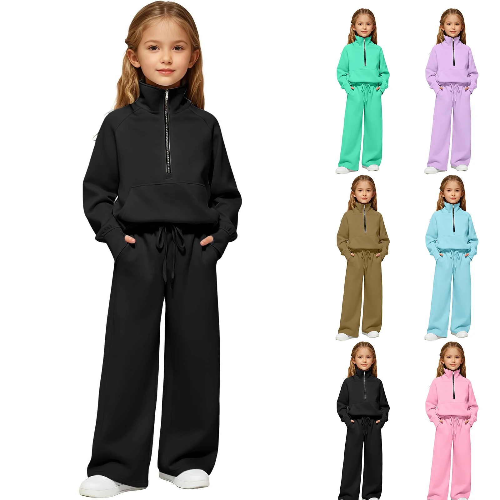 Solid Color Children'S Set High Neck Half Zip Hoodie Sweatpants Set Winter Girls' Long Pants Set Drawstring Pants Set