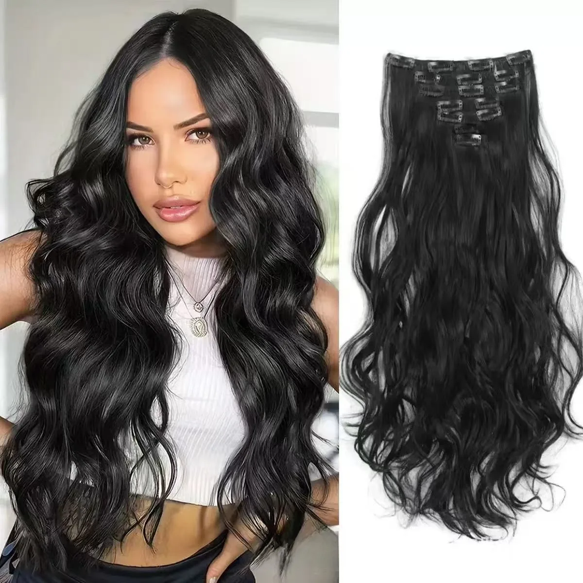 7 Clips In Hair Extensions Long Wave Hairstyle Blck 60-71cm Natural Synthetic Hair Daily Use Hairpiece For Women