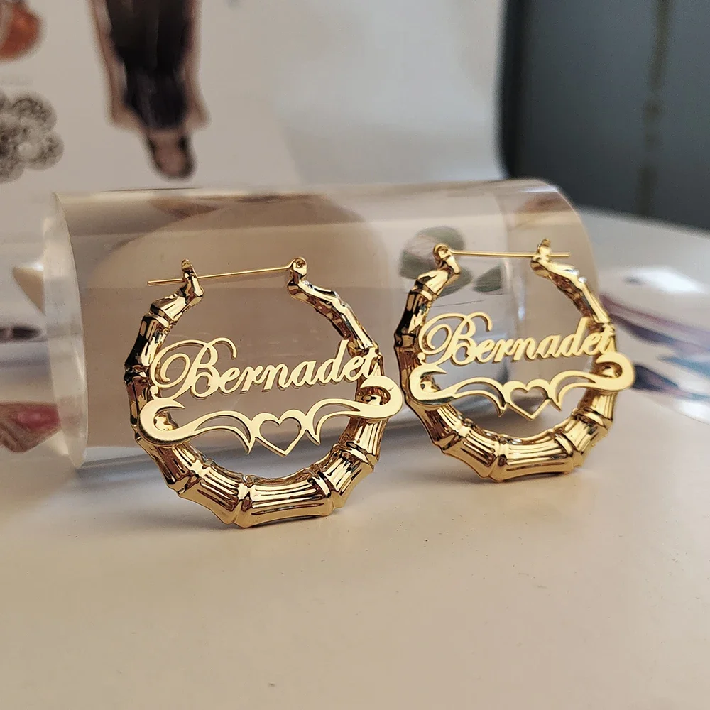 DODOAI 30mm-100mm Gold Bamboo Earrings Customize Name Earrings Custom Hoop Bamboo Style Personality Earrings With Christmas gift