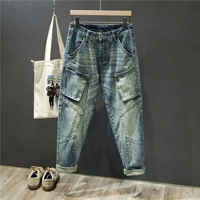 Loose Tapered Men's Jeans Workwear ket Zipper Design High Waist mid Rise Denim Pants Casual Wear Winter Season Resistant