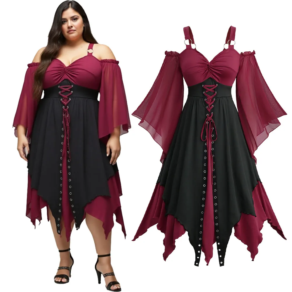 ROSEGAL Plus Size Cold Shoulder Dresses Chiffon Flare Sleeves Twist Lace Up Grommet Two Tone Layered Asymmetric Vintage Dress