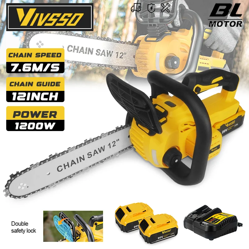 VIVSSO 12Inch Electric Chain Saw 1200W Handheld Woodworking Chain Saw Graden Pruning Tools For Dewalt 20V Battery Pins