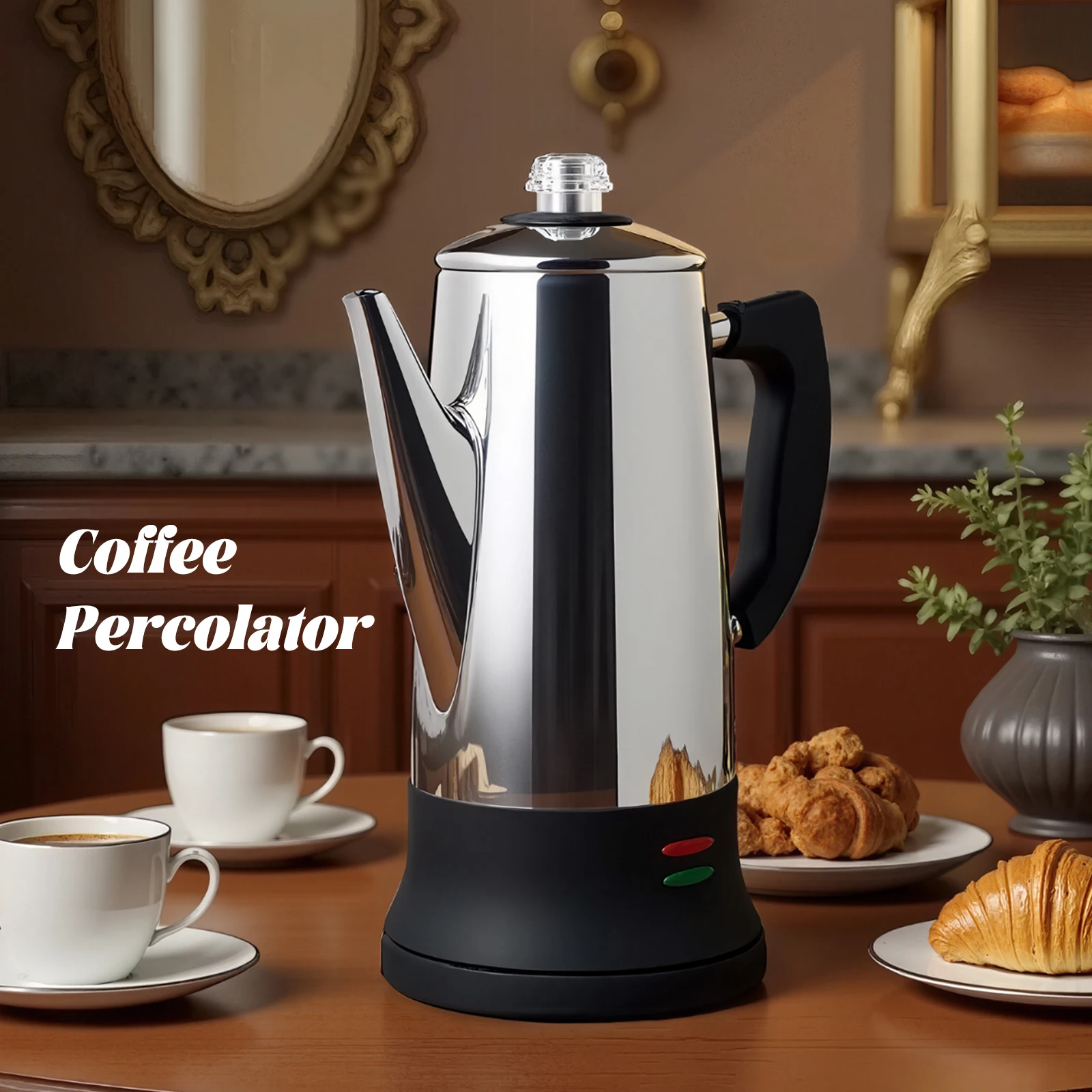 1.8L Electric Coffee Percolator 12 Cup Stainless Steel Coffee Pot with Keep Warm Function Reusable Filter Basket Coffee Maker