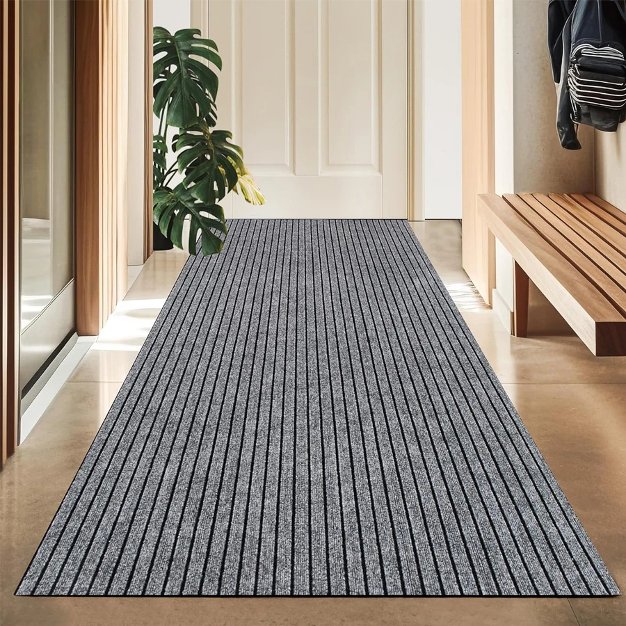 Gray solid stripe kitchen door mat, floor mat, room decor, washable self-adhesive non-slip carpet, home decor hallway rug