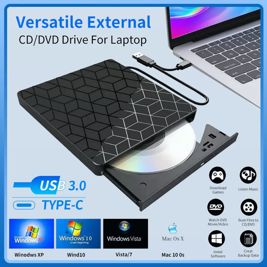7 in 1 External DVD Burner USB 3.0/Type-C DVD Optical Drive Recorder CD/DVD Player For Laptop Desktop CD DVD Read Write Play