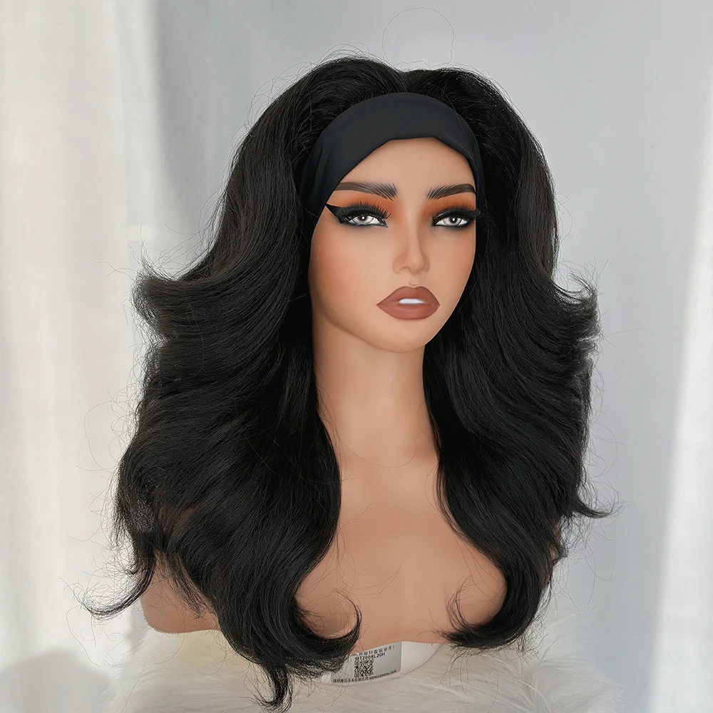 X-TRESS Synthetic Short Body Wave Wear and Go Wig Black Colored 18 inch Yaki Curly Hair for Women Afro Headband Synthetic Wig