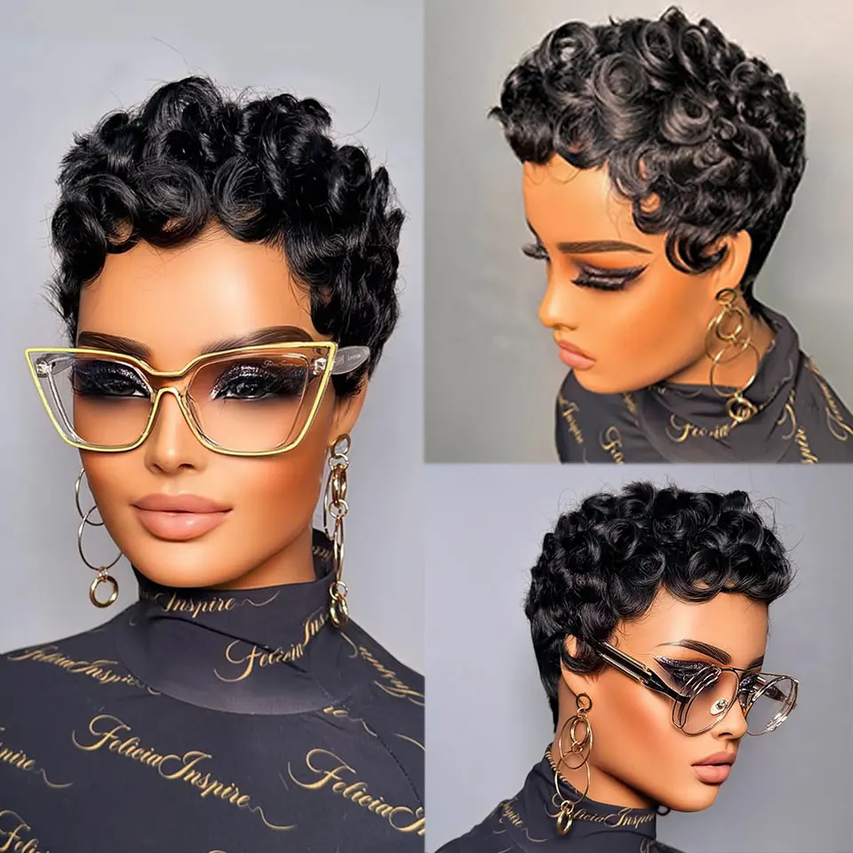 Curly Pixie Cut Human Hair Wigs For Women Black Full Machine Made Short Curly Wigs For Women Brazilian Remy Hair 150% Density