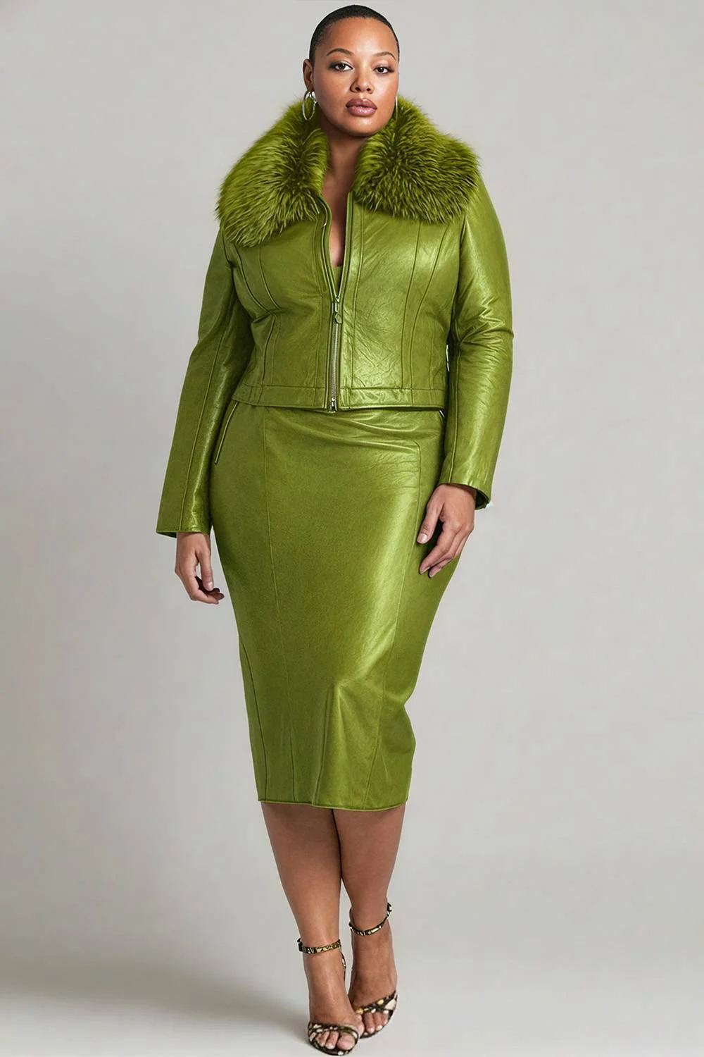 Plus Size Formal Sage Green Long Sleeve Feather Elegant Bodycon PU Leather Two Piece Skirt Sets